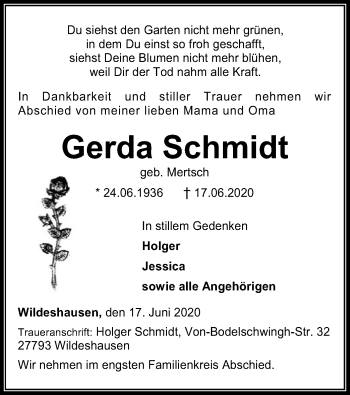Todesanzeige von Gerda Schmidt von SYK