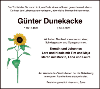 Todesanzeige von Günter Dunekacke von SYK