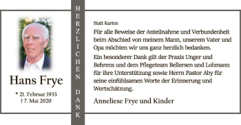 Todesanzeige von Hans Frye von SYK