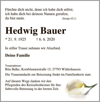 Todesanzeige von Hedwig Bauer von SYK