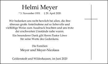 Todesanzeige von Helmi Meyer von SYK
