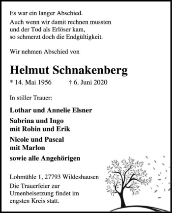 Todesanzeige von Helmut Schnakenberg von SYK