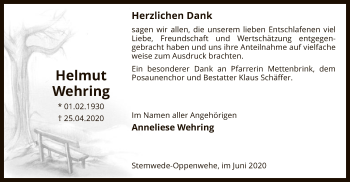 Todesanzeige von Helmut Wehring von SYK