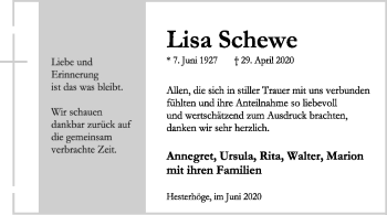 Todesanzeige von Lisa Schewe von SYK
