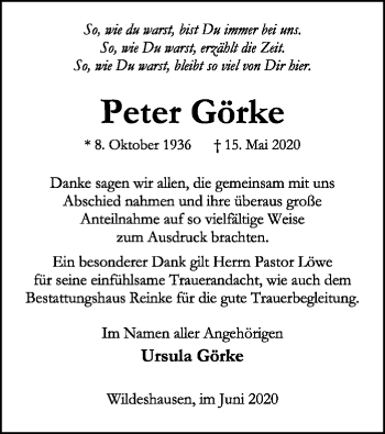 Todesanzeige von Peter Görke von SYK