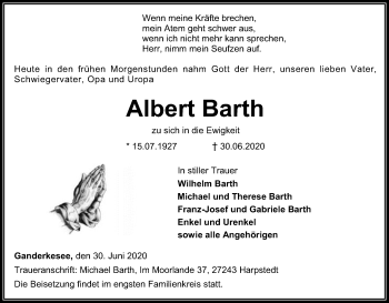 Todesanzeige von Albert Barth von SYK