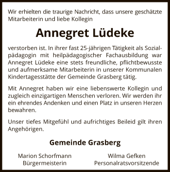 Todesanzeige von Annegret Lüdeke von SYK
