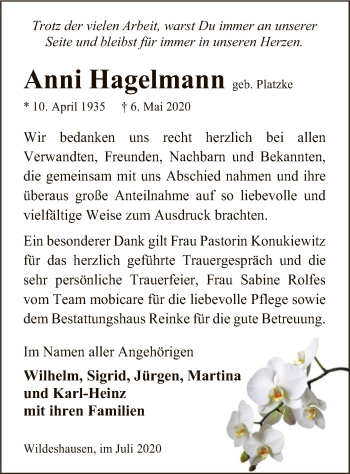 Todesanzeige von Anni Hagelmann von SYK