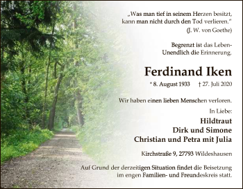Todesanzeige von Ferdinand Iken von SYK