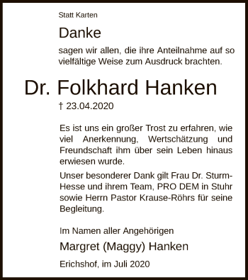 Todesanzeige von Folkhard Hanken von SYK