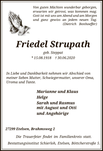 Todesanzeige von Friedel Strupath von SYK