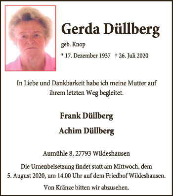 Todesanzeige von Gerda Düllberg von SYK