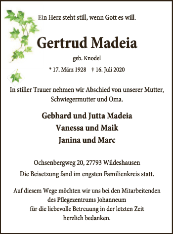 Todesanzeige von Gertrud Madeia von SYK