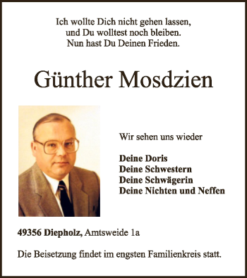 Todesanzeige von Günther Mosdzien von SYK