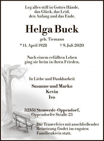 Todesanzeige von Helga Buck von SYK