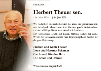 Todesanzeige von Herbert Theuer von SYK