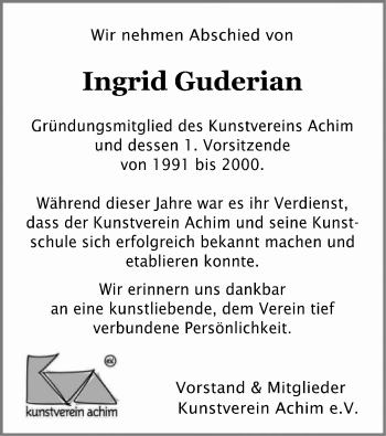 Todesanzeige von Ingrid Guderian von SYK