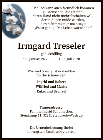 Todesanzeige von Irmgard Treseler von SYK