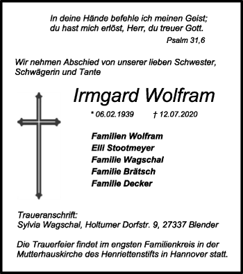 Todesanzeige von Irmgard Wolfram von SYK