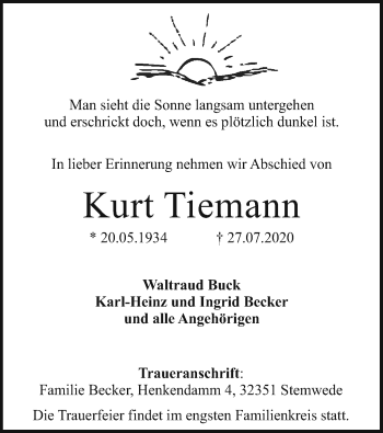 Todesanzeige von Kurt Tiemann von SYK