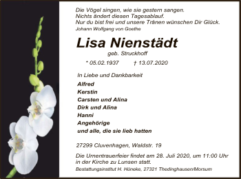 Todesanzeige von Lisa Nienstädt von SYK