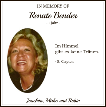 Todesanzeige von Renate Bender von SYK