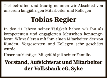 Todesanzeige von Tobias Regier von SYK