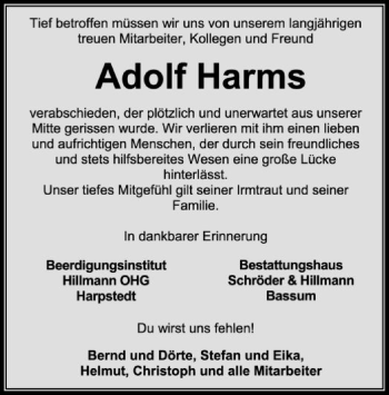 Todesanzeige von Adolf Harms von SYK