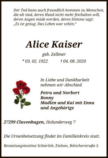 Todesanzeige von Alice Kaiser von SYK