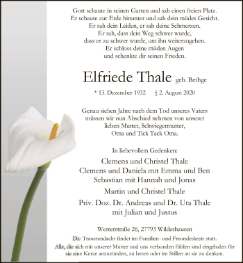 Todesanzeige von Elfriede Thale von SYK