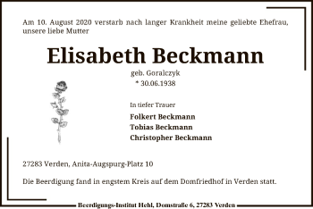 Todesanzeige von Elisabeth Beckmann von SYK