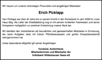 Todesanzeige von Erich Picklapp von SYK