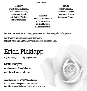 Todesanzeige von Erich Picklapp von SYK