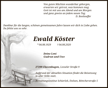 Todesanzeige von Ewald Köster von SYK