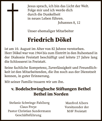 Todesanzeige von Friedrich Dökel von SYK