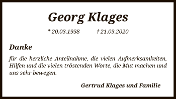 Todesanzeige von Georg Klages von SYK