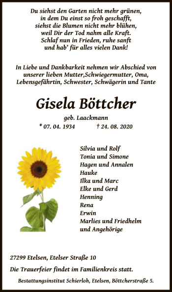 Todesanzeige von Gisela Böttcher von SYK