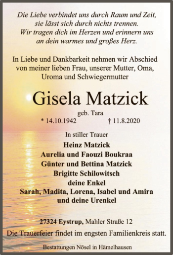 Todesanzeige von Gisela Matzick von SYK