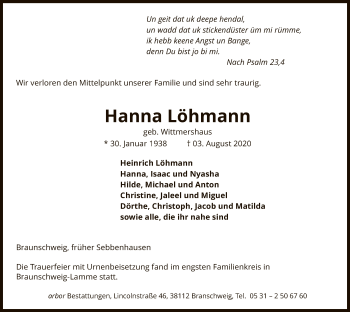 Todesanzeige von Hanna Löhmann von SYK