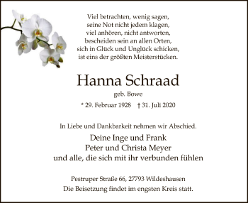 Todesanzeige von Hanna Schraad von SYK