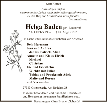 Todesanzeige von Helga Baden von SYK