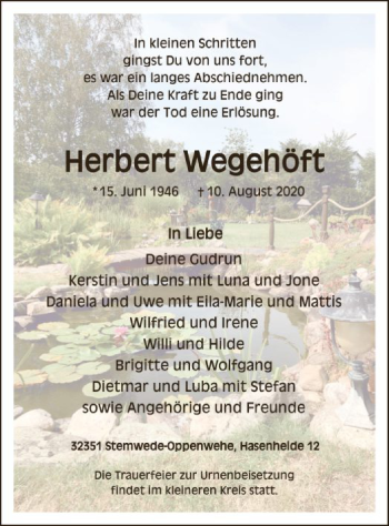 Todesanzeige von Herbert Wegehöft von SYK