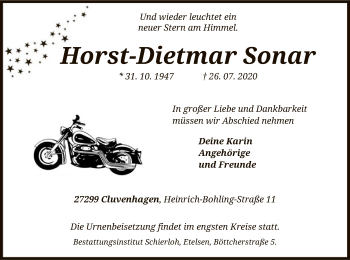 Todesanzeige von Horst-Dietmar Sonar von SYK