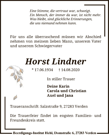 Todesanzeige von Horst Lindner von SYK
