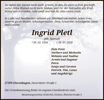 Todesanzeige von Ingrid Pletl von SYK