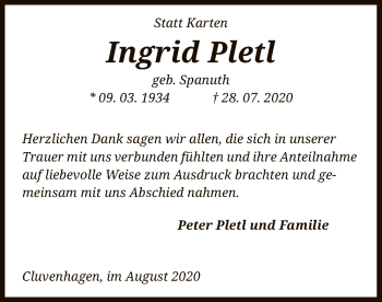 Todesanzeige von Ingrid Pletl von SYK