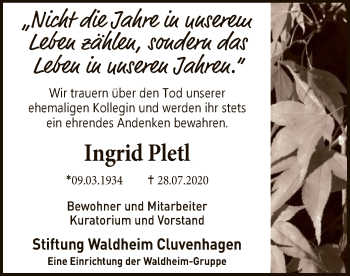 Todesanzeige von Ingrid Pletl von SYK