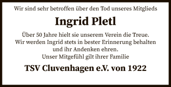 Todesanzeige von Ingrid Pletl von SYK