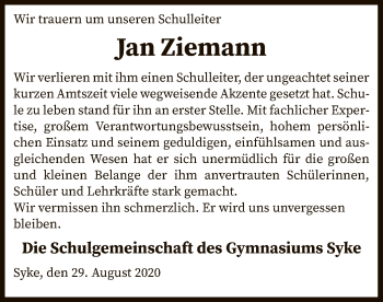 Todesanzeige von Jan Ziemann von SYK