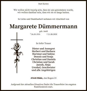 Todesanzeige von Margarete Dümmermann von SYK